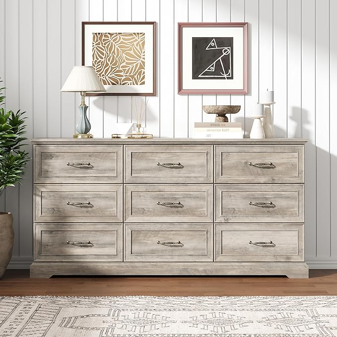 Dresser for Bedroom with 9 Drawer, Farmhouse Long Dresser for Closet,63'' Wide Rustic Wooden Chest of Drawers with Natural Wood Texture, Vintage Storage Organizer for Living Room, Hallway, Grey