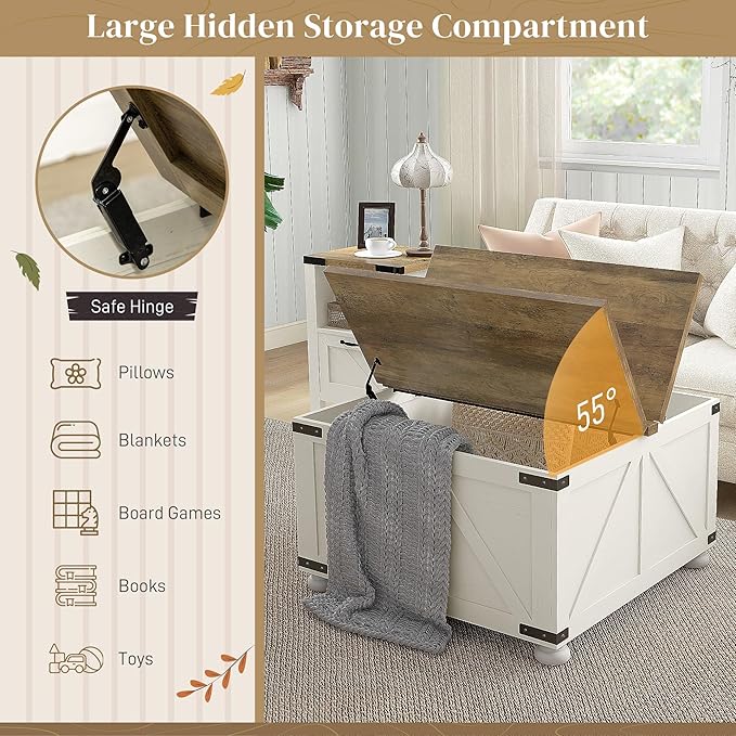 HOMCOM Farmhouse Coffee Table, 31.5" Square Coffee Table with Storage, Living Room Center Table with Hinged Flip Lift Top and Hidden Space, Antique White