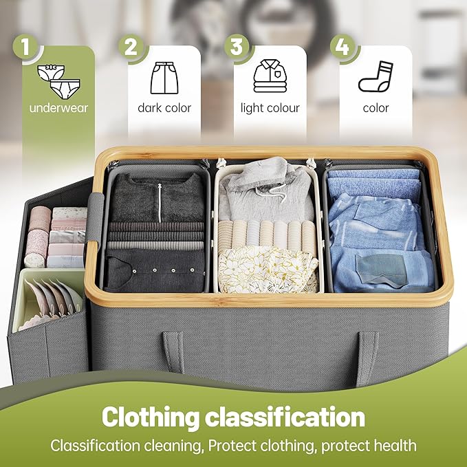 175L Laundry Hamper with Lid 3 Section, Extra Large Laundry Basket with 3 Removable Bags, 46 GAL Laundry Basket Organizer for Bedroom, Laundry Room, Dorm, Grey