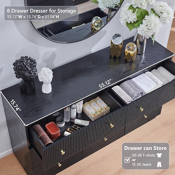 Fluted Dresser for bedroom, 55"W Black 8 Drawer Dressers, Wood Tall Dresser Storage Organizer, Modern Bedroom Chest of Drawers with Deep Storage for Closet Hallway, Entryway, Living Room Black