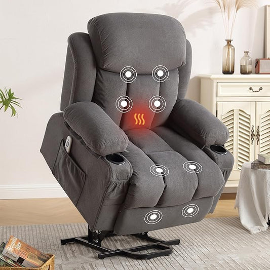 Power Lift Recliner Chair for Elderly with Vibration Massage and Lumbar Heating Electric Oversized Single Sofa with Cup Holder and USB Charge Port for Living Room