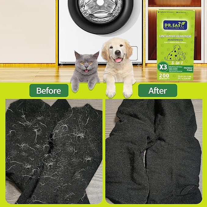 Dr.Easy LINT & HAIR REMOVER Pet HUGESHEETS with 3X Dryer Sheets, Outdoor Fresh, 200 Count,PLANT&MINERAL-BASED FORMULA