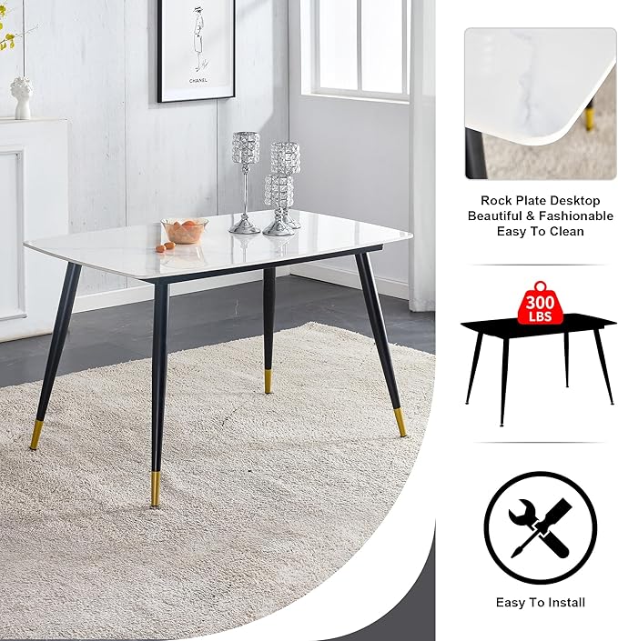Marble Dining Table Set for 4, 50" Sintered Stone Dining Table and 4 Upholstered PU Leather Chair Dining Room Table Set for 4(1White Table and Gray Chairs Set of 4)