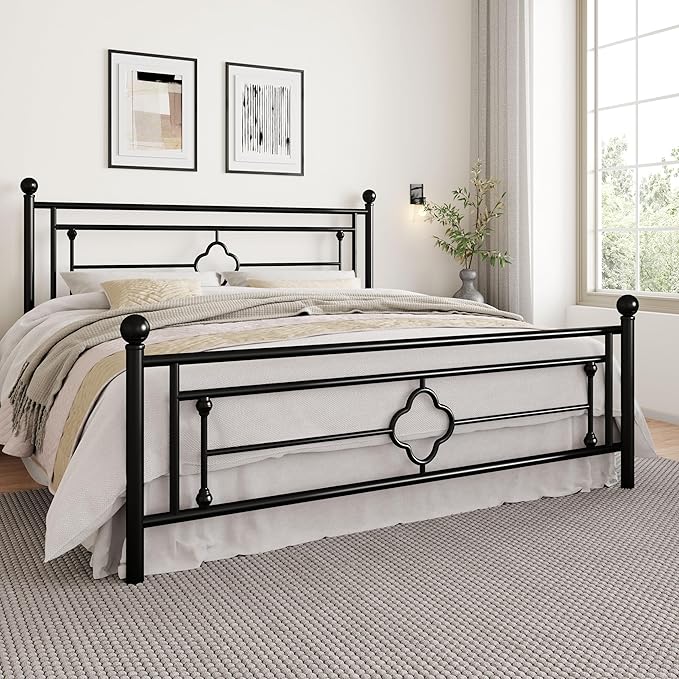 SHA CERLIN 14 Inches King Size Metal Platform Bed Frame/Vintage Iron-Art Headboard and Footboard/Mattress Foundation for Storage/No Box Spring Needed/Noise-Free/Easy Assembly/Black