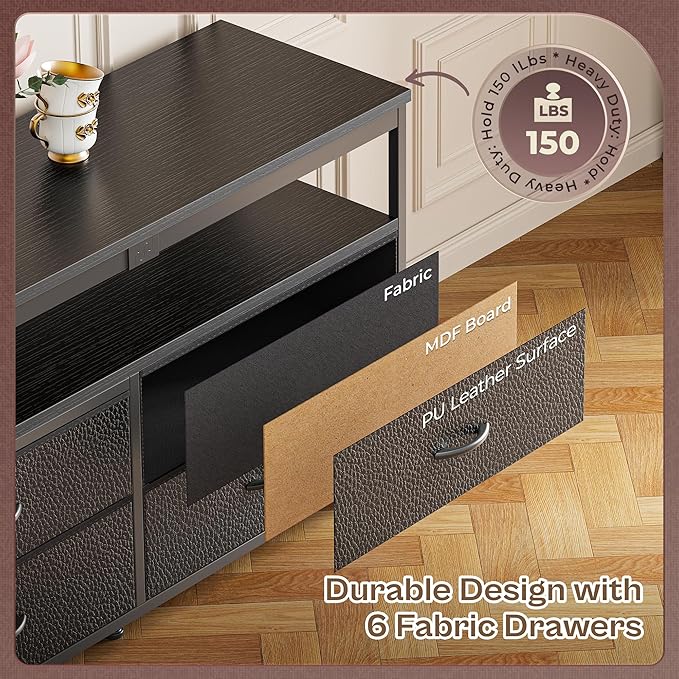 Huuger 63 Inch TV Stand for 55, 65, 70 Inch TV, Long Dresser TV Stand for Bedroom, Black LED TV Stand with Power Outlets, Fabric Drawer Dresser with Storage, Entertainment Center for Living Room