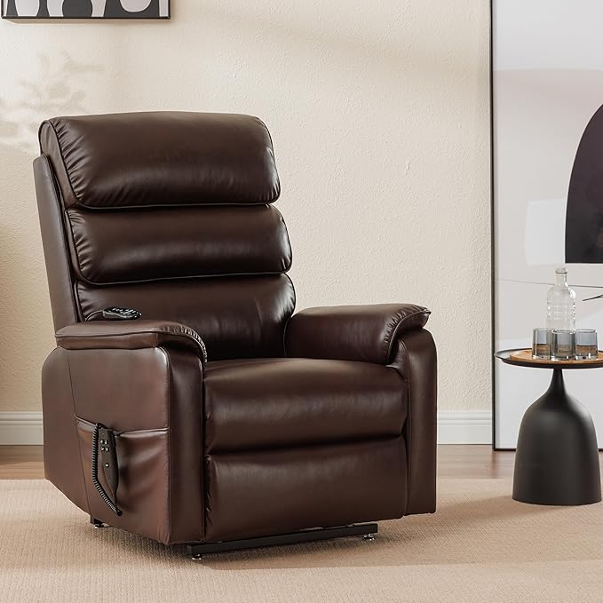 Lay Flat Lift Chair with Heat and Massage, Dual Motor Recliner with Infinite Position, Up to 350 LBS Electric Power Lift, Red Brown Leather