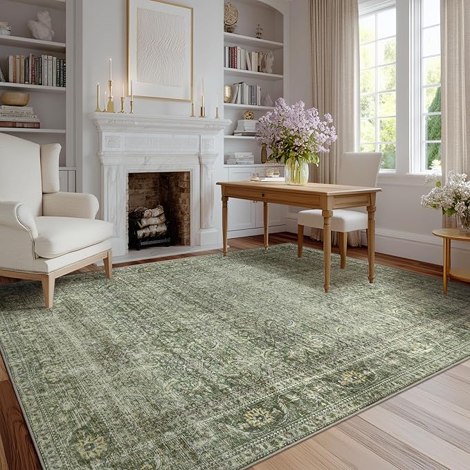 FMFUNCTEX 5x7 Washable Area Rug Green Neutral Vintage Distressed Non Slip Low Pile Traditional Indoor Carpet for Living Room Bedroom Soft Retro Mat Throw Rug for Dining Office Kitchen Dorm Entryway