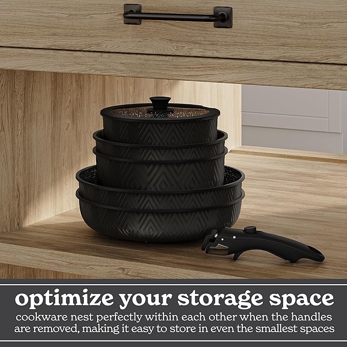 Country Kitchen Cookware Set with Removable Handle, Oven & RV Safe Pots and Pans Set, Black Rhombus, Original