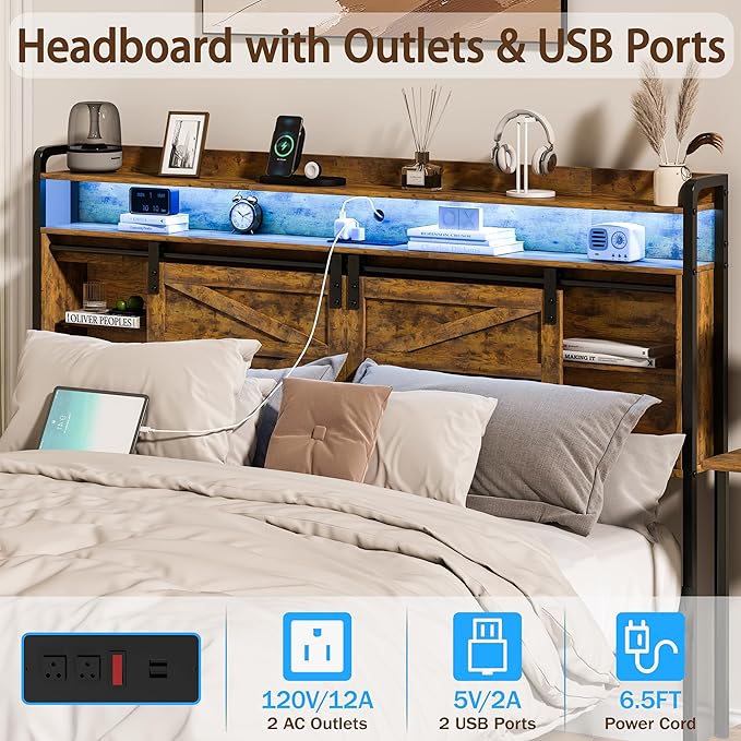 wanan Queen Size 3 Tier Storage Headboard with Outlets, USB Ports and LED Light, Sliding Barn Doors, Width Adjustable