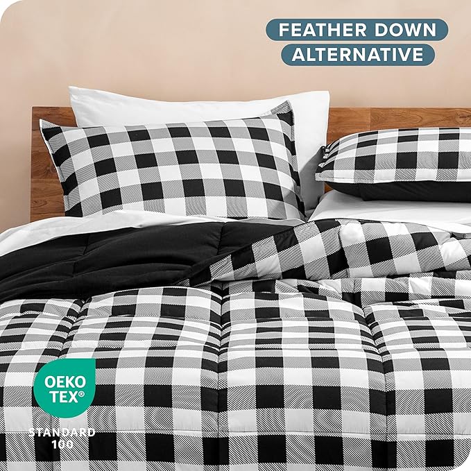 Bare Home Comforter Set - Twin/Twin Extra Long Size - Ultra-Soft - Goose Down Alternative - Premium 1800 Series - Reversible - All Season Warmth (Twin/Twin XL, Chester Buffalo Plaid - White/Black)