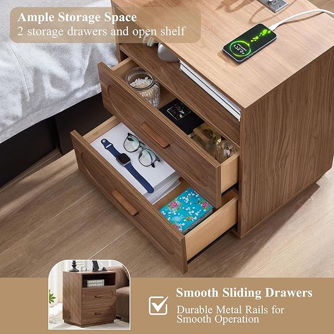 Walnut Nightstand with Charging Station, Modern End Table with 2 Drawers Storage, Space-Saving Wood Storage Cabinet with Unique Base Design, Bedside Table for Bedroom, Living Room