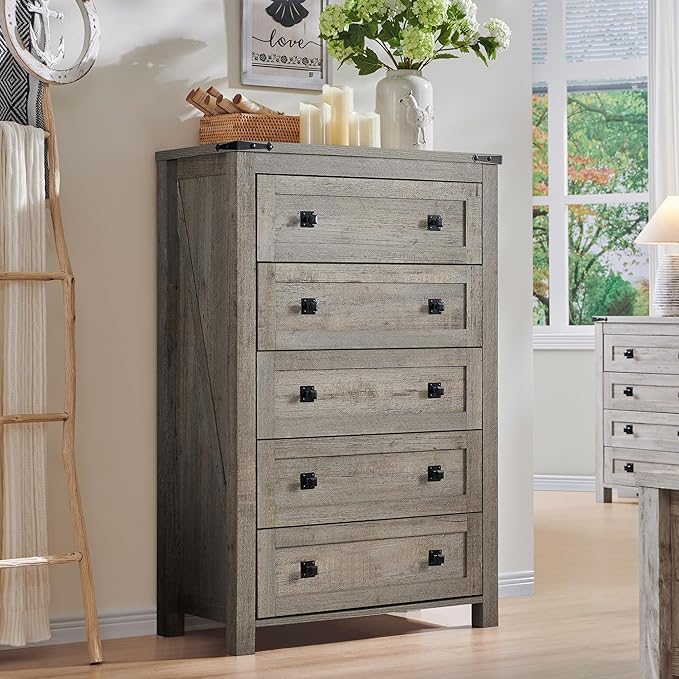 RedLemon Farmhouse 5 Drawer Dresser, 48" Tall Rustic Chest of Drawers, Wood Dresser for Bedroom, Living Room, Hallway, Light Rustic Oak