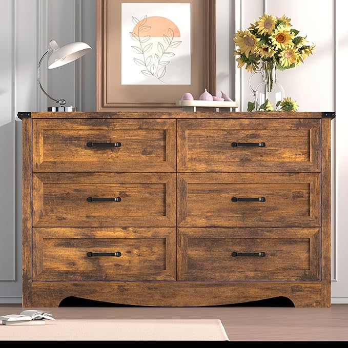 6-Drawer Dresser for Bedroom – 47" Wide Modern Wooden Chest with Natural Wood Texture, TV Stand & Storage, Metal Corner Brackets, Wood Drawer Organizer for Living Room, Hallway