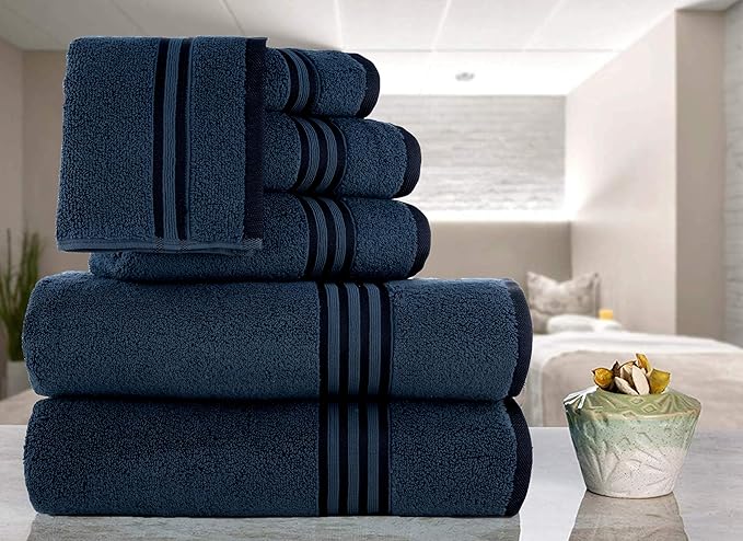 CASA COPENHAGEN Zero Twist, 6 Pieces Set 100% Cotton 0" Twist Towel Set- Dark Blue, 600 GSM, 2 Bath, 2 Hand, 2 Washcloths Made from Egyptian Cotton, Ultra Soft Luxury Towels for Bathroom.