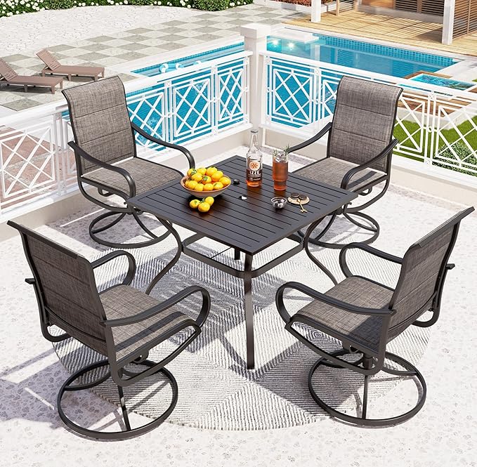 PHI VILLA 5 Piece Patio Dining Set with 4 Padded Outdoor Swivel Dining Chairs and 37"x 37" Metal Steel Dining Table with Umbrella Hole, Outdoor Dining Table and Chairs Set for Deck Pool Lawn