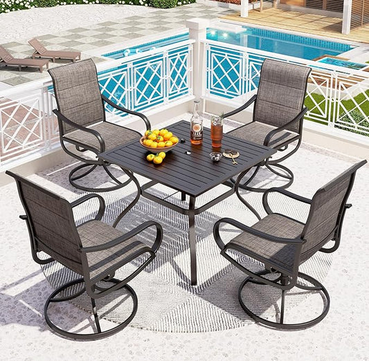 PHI VILLA 5 Piece Patio Dining Set with 4 Padded Outdoor Swivel Dining Chairs and 37"x 37" Metal Steel Dining Table with Umbrella Hole, Outdoor Dining Table and Chairs Set for Deck Pool Lawn