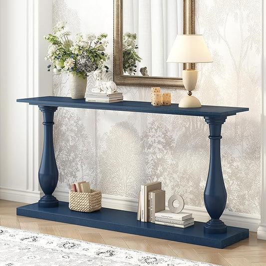 63 Inch Console Table with 2 Vase-Leg, Vintage Wood Grain Sofa Table Behind Couch, Narrow Entryway Accent Table for Living Room, Entrance, Hallway, Foyer, Bedroom, Apartments, Blue