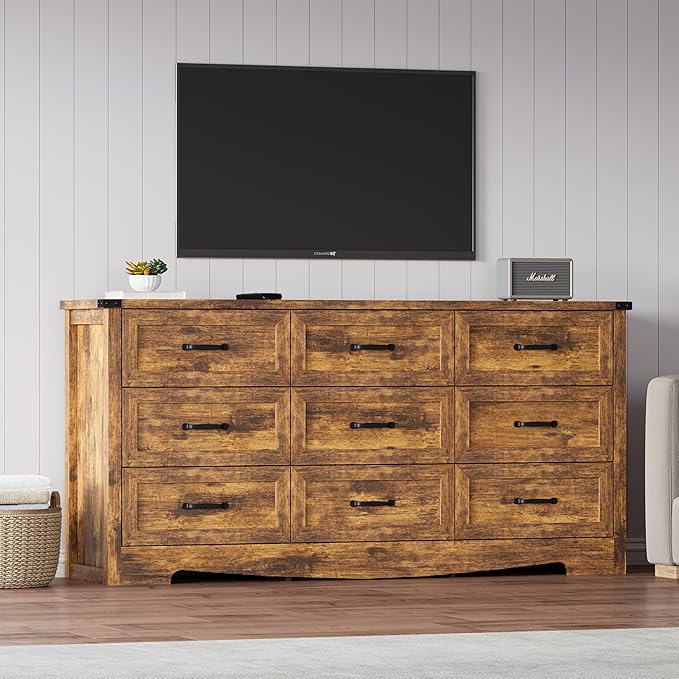 Dresser for Bedroom, 59'' Wide Wooden Chest of Drawers with Natural Wood Texture, 9 Drawer Dresser for Closet with Metal Handles, Sleek Storage Solution for Living Room, Office, Hallway, Brown