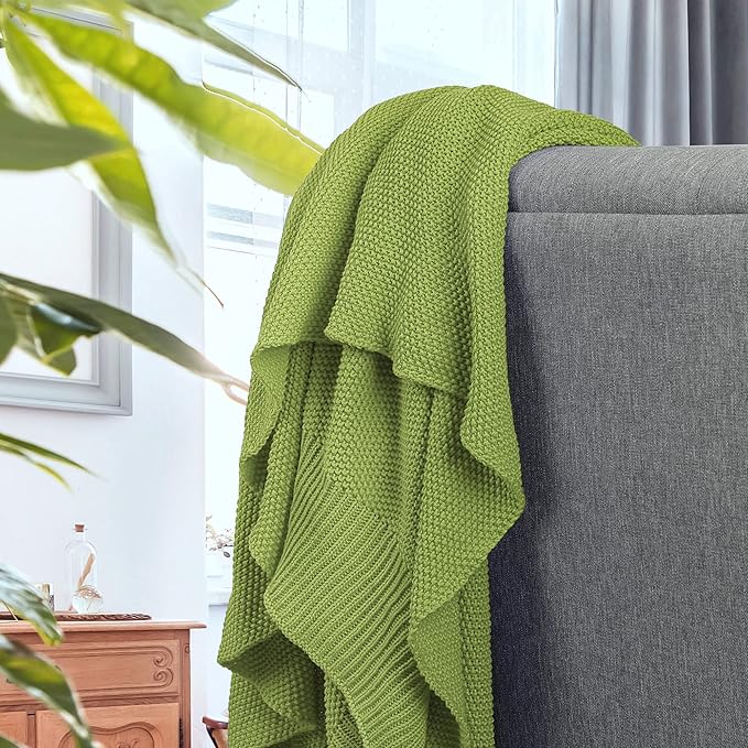 PiccoCasa 100% Cotton Knit Throw Blanket,Solid Lightweight Decorative Throws and Blankets,Soft Knitted Throw Blanket for Sofa Couch, Grass Green 50" x 70"