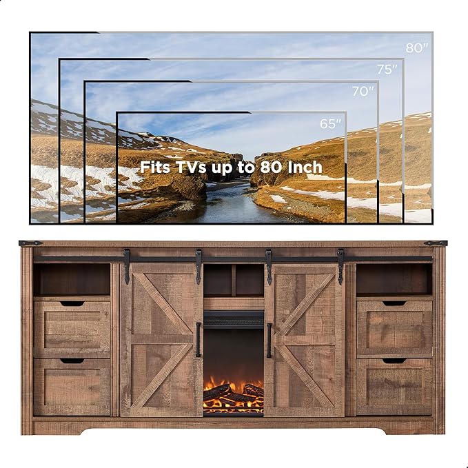 JXQTLINGMU Fireplace TV Stand for 80 Inch TV, Farmhouse Entertainment Center with 36" Fireplace, Modern Media Console with Sliding Barn Door & Storage Drawers for Living Room, Light Brown