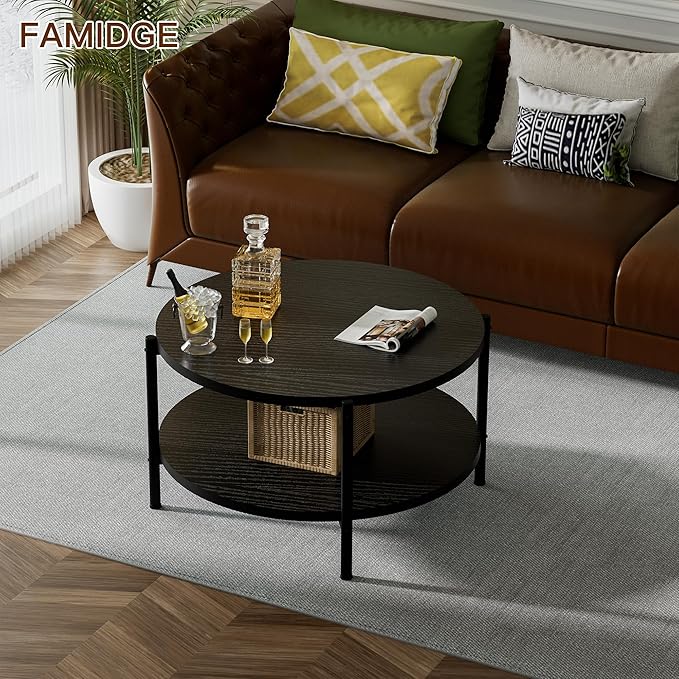 Round Coffee Table, 27.6" Circle Coffee Table for Living Room, 2-Tier Wood Accent Center Table with Open Storage Industrial Design Home Furniture, Black