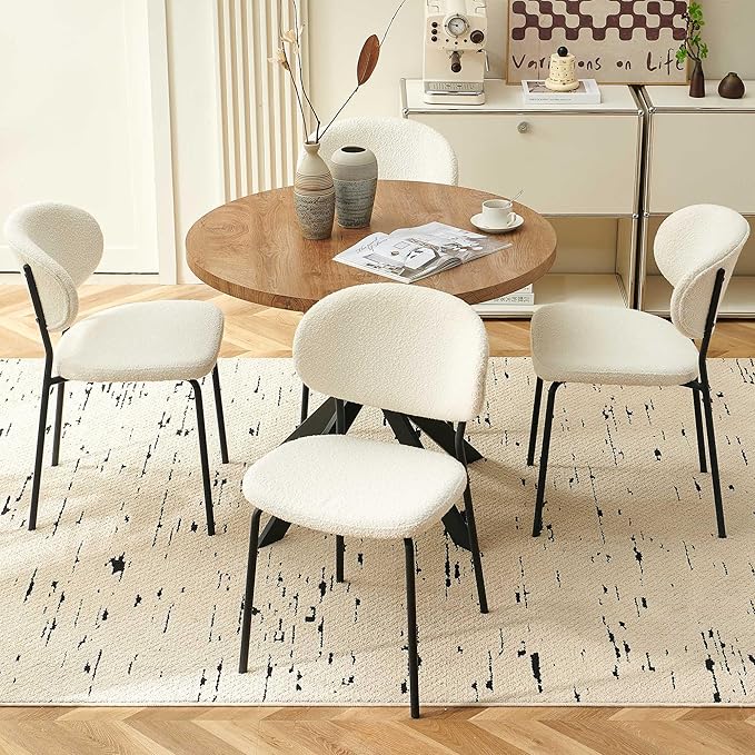 Round Dining Table Set for 4, Modern 5-Piece Kitchen Table Set, 37" Round MDF Living Coffee Table with 4 Seated Boucle Dining Chairs Upholstered, Metal Legs for Dining Hall, Living Room