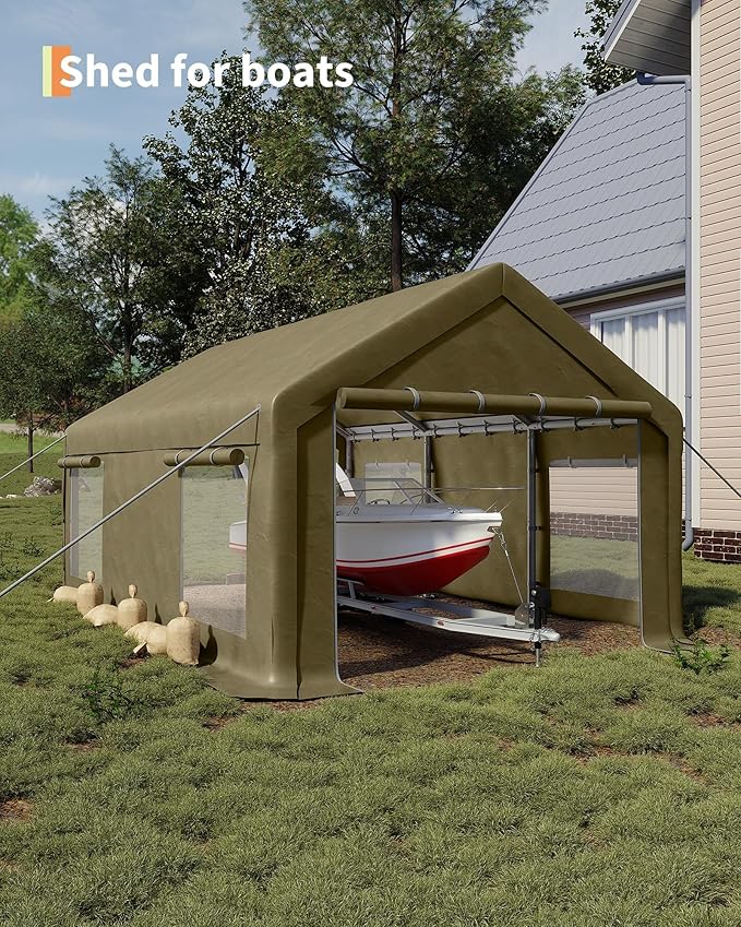 10X20 Ft Carport, Portable Carport with 4 Roll-Up Windows,Doors,Car Port with 200g PE Tarp for Car Boat Truck Motorcycle, Waterproof & UV Protected, Anti-Snow Portable Garage Kit Tent