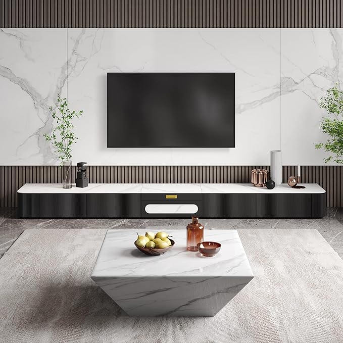 POVISON Fully-Assembled Modern TV Stand for Projector, Sintered Stone Entertainment Center with Storage for 85 inch TV, Wood TV Console, Media Console for Living Room Bedroom