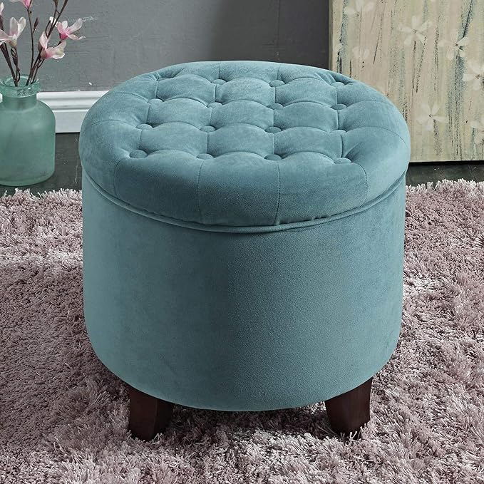 Homepop Home Decor | Upholstered Round Velvet Tufted Foot Rest Ottoman | Ottoman with Storage for Living Room & Bedroom | Decorative Home Furniture, Teal Small