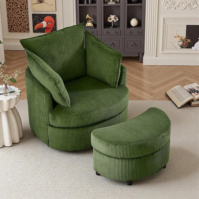 Swivel Accent Chair with Ottoman Comfy Reading Chairs for Bedroom Modern Corduroy Arm Chair 360°Swivel Barrel Chairs for Living Room,Apartment (Green, 1)