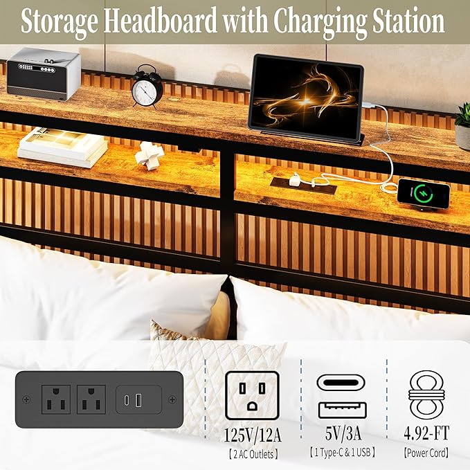 Floating Bed Frame Full with LED Lights &USB Charging Station – Modern Platform Bed with 2 Tier Storage Headboard, Metal Slat Support, No Box Spring, Easy Assembly, Noise-Free, Black