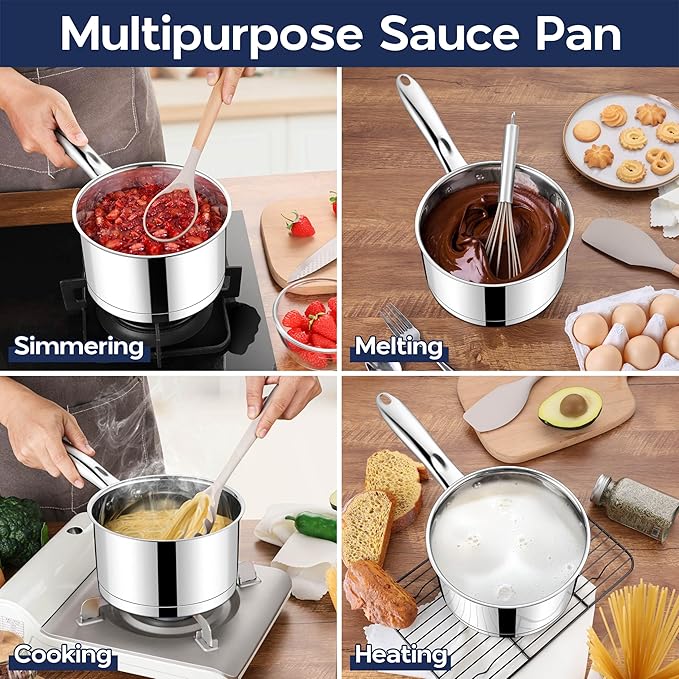 LIANYU Stainless Steel Saucepan with Visible Lid, 1QT & 2QT & 3QT Sauce Pan Sets, Multi-Purpose Small Induction Cooking Pots for Home Kitchen, Healthy & Non-Toxic, Oven & Dishwasher Safe