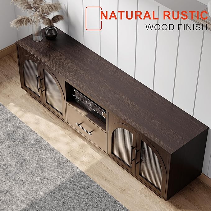 70" TV Stand for 80 Inch TVs, Entertainment Center with LED Lights and Arched Glass Doors, Faux Marble Wood Finish, Adjustable Shelves, Modern TV Cabinet for Living Room, Brown