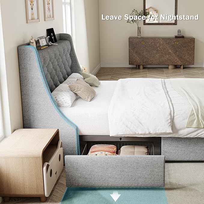 Twin Bed Frame with 4 Storage Drawers, Giant Upholstered Wingback Headboard, Fast Charging Station, No Box Spring Needed, Noise-Free, Light Gray