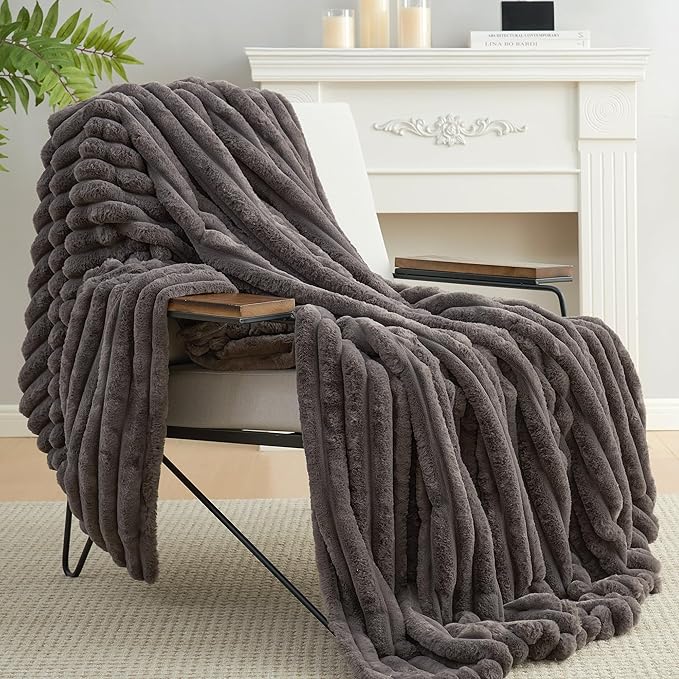 Amélie Home Faux Fur Throw Blanket for Couch, Cozy Fuzzy Fluffy Fur Luxurious Soft Striped Plush Gift Blankets for Family Sofa Chair Bed Living Room Bedroom, 60"x80", Charcoal Grey