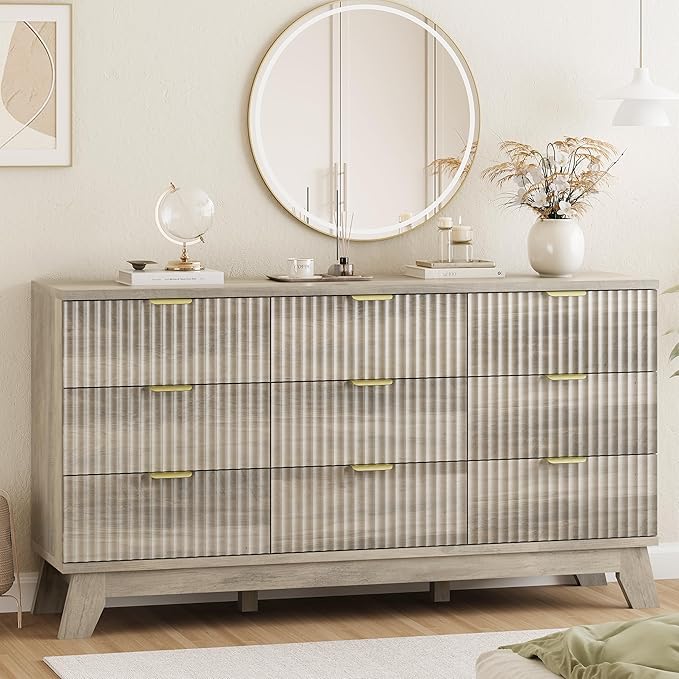 Fluted Dresser for Bedroom with 9 Drawers, 57" Wide Modern Chest of Drawers with Metal Handle, Wooden Dresser TV Stand, Wood Closet Clothes Storage Organizer for Living Room, Hallway, Grey