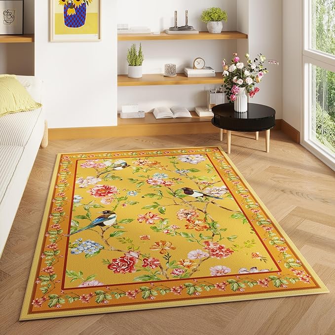 Bedroom Rug 3x5 Rug Washable Area Rug Non Slip Low Pile Floral Bird Magpies Animal Small Carpet for Bedroom, Bedside, Kitchen, Entryway, Kids Room, Office, College Dorm Essentials for Girls