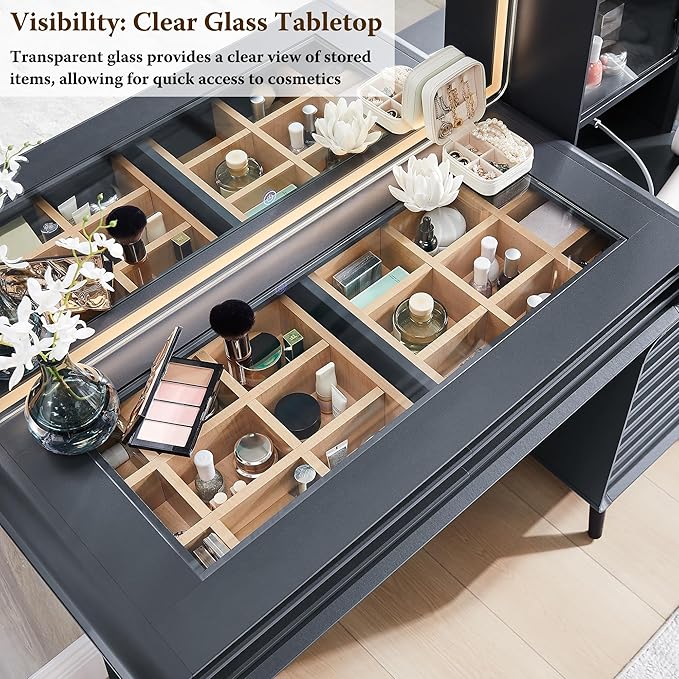 Fluted Makeup Vanity Desk with Large 35" HD Lighted Mirror, 48" Mid Century Modern Glass Top Vanity Table with 5 Drawers & Adjustable Shelf, Dressing Table w/Charging Station for Bedroom