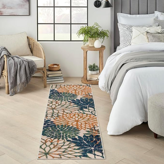 Nourison Home Aloha Indoor/Outdoor Blue Green 2' x 6' Area Rug, Easy Cleaning, Non Shedding, Bed Room, Living Room, Dining Room, Backyard, Deck, Patio (2x6)