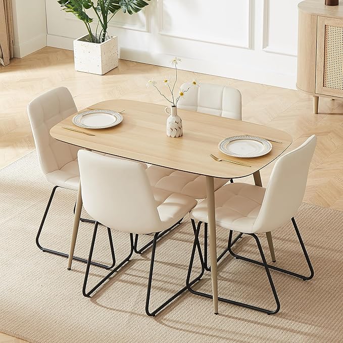 47.2'' Dining Table Set for 4 - Modern Wood Table with Cat Scratch-Resistant Surface & 4 U-Shaped White Leather Chairs, Kitchen & Dining Room Furniture, Space-Saving Table and Chairs Set