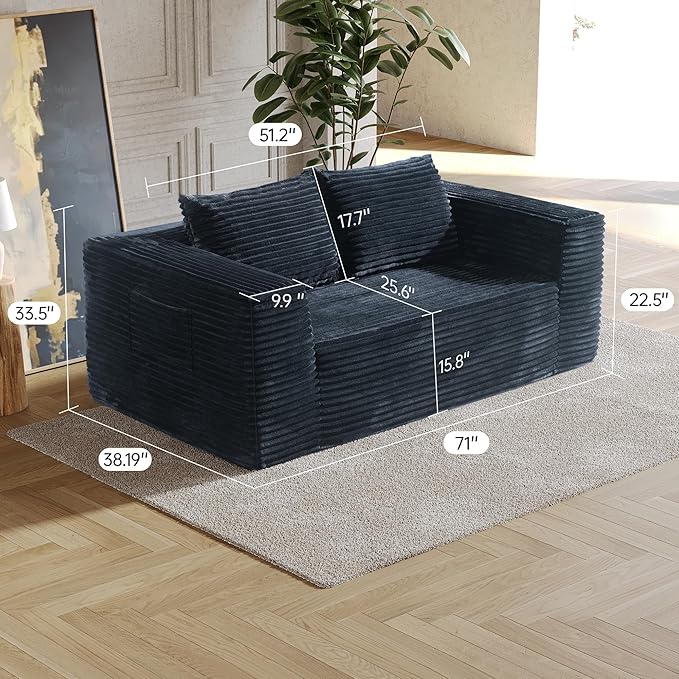 Sofa, 71" Loveseat Sofa-in-a-Box, Deep Seat Couch, No Assembly Required, Comfy Plush Corduroy for Living Room, Bedroom, Office