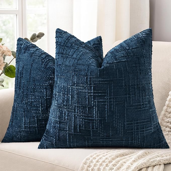 decorUhome Navy Blue Chenille Throw Pillow Covers 18x18 Set of 2 Thick Textured Slubby Couch Pillow Covers Farmhouse Accent Modern Neutral Decorative Pillow Cases for Bed Sofa Living Room