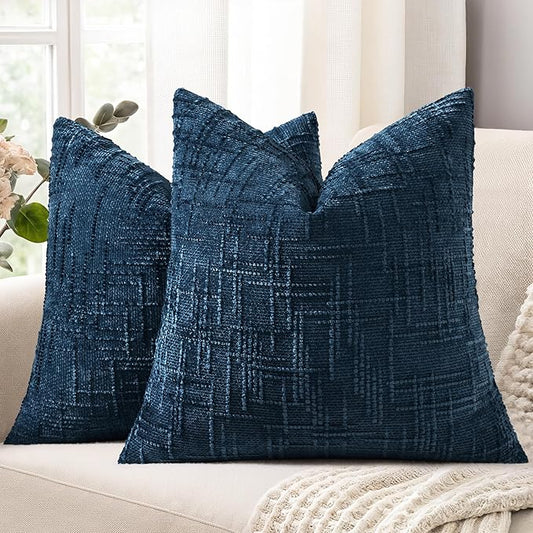 decorUhome Navy Blue Chenille Throw Pillow Covers 20x20 Set of 2 Thick Textured Slubby Couch Pillow Covers Farmhouse Accent Modern Neutral Decorative Pillow Cases for Bed Sofa Living Room