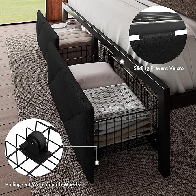 iPormis King Bed Frame with 2 Storage Drawers, Linen Upholstered Headboard Platform Bed with Charging Station, No Box Spring Needed, Metal Slats Support, Noise-Free, Easy Assembly, Black