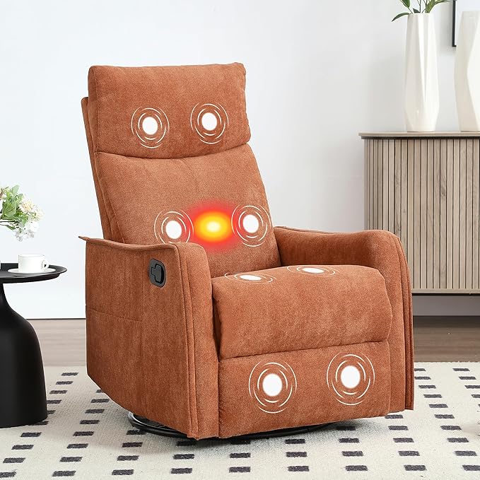Massage Rocker Swivel Recliner Chair for Adults, Manual Recliner Glider with Lumbar Heating, Technical Flannel Fabric Nursery Glider Rocking Chair with Vibration Massage for Living Room - Orange