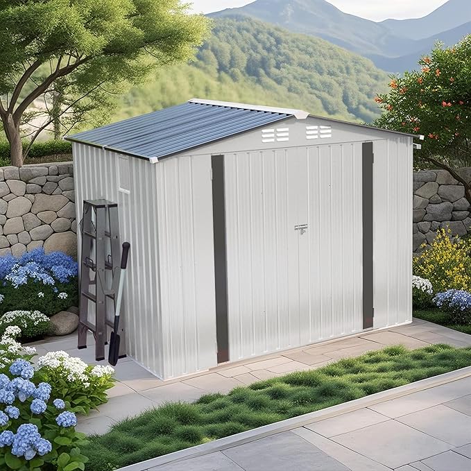 8 x 6 FT Outdoor Storage Shed, Metal Garden Tool Shed with Slooping Roof, Lockable Doors and Aluminum Frames, Easy to Assemble for Garden, Patio, Lawn, White+Black