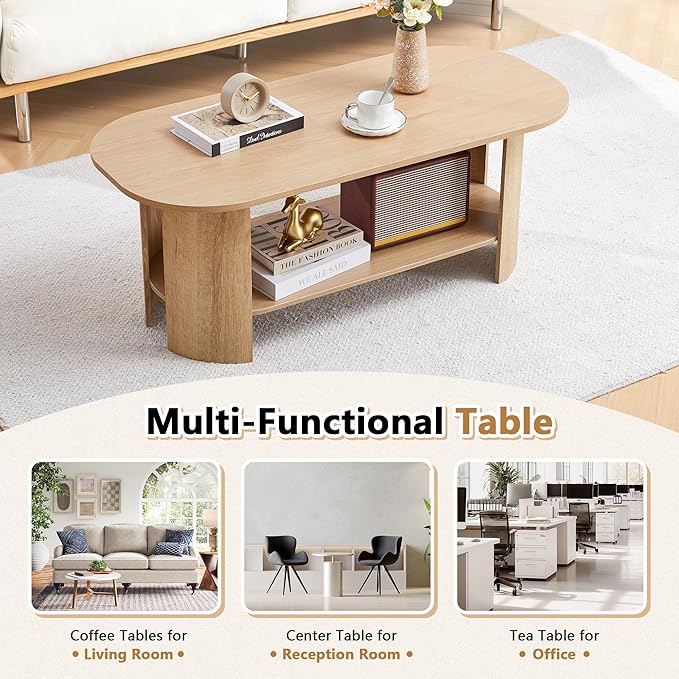 43.3” Oval Coffee Table with Storage, Wood Coffee Tables for Living Room, Farmhouse Center Table with 2-Tier Storage Shelf Low Tea Table for Small Space, Home, Office (Natural)