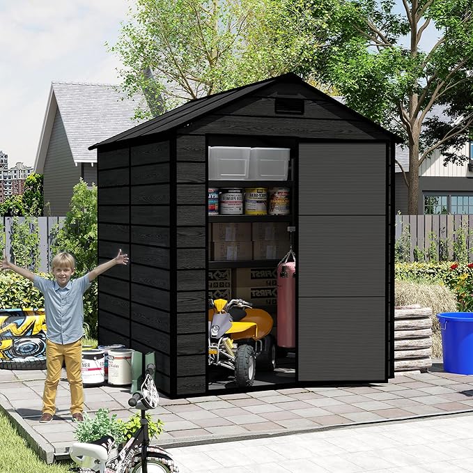 6x6 FT Outdoor Storage Resin Shed with Floor, Waterproof Plastic Garden Tool Shed with Windows, Vents & Lockable Door and Sloped Roof, Easy to Assemble Bike Shed for Patio, Backyard, Lawn, Black