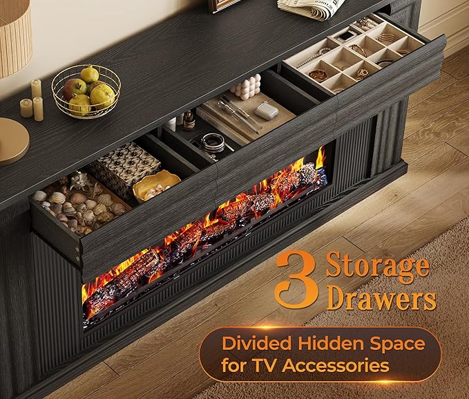 PRAISUN 70'' Fireplace TV Stand with 42'' Electric Fireplace, Farmhouse TV Stand for 65 75 Inch TV, Entertainment Center TV Console with 3 Drawers, Fluted Design, for Living Room, Black