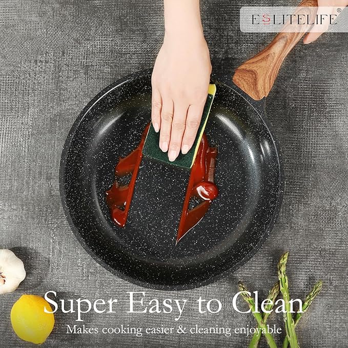 ESLITE LIFE Nonstick Ceramic Frying Pans Skillets Set with Lids, Non-Toxic Egg Omelette Kitchen Cooking Pans Compatible with All Stovetops (Gas, Electric & Induction), PTFE & PFOA Free (Black)